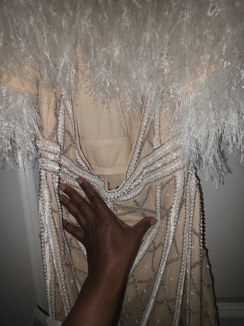 RARE ASOS LUXE Beaded Nude Evening Dress with Feather Cape - Picture 5 of 10